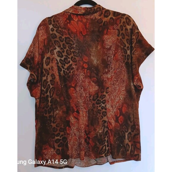 Chico's Sz 3 (US XL) Short Sleeve Brown Animal Print Open Front Sweater w/Tie - Picture 2 of 7